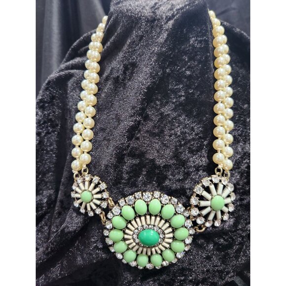 J. Crew Vintage Faux Pearl Teal & Jade Green Rhinestone Statement Necklace - Picture 1 of 7